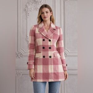 Allegra K Pink White Plaid Double-Breasted Collared Pea Coat Size L